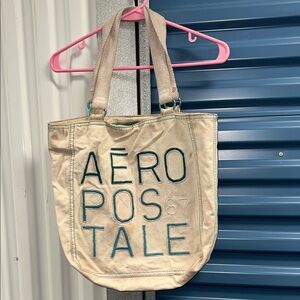 Aeropostale Cream Canvas Tote with Teal Embroidered Logo
